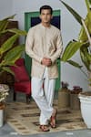 Philocaly_Beige Chanderi Embroidered Thread Shish Short Kurta _at_Aza_Fashions