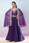 Buy_Samyukta Singhania_Purple Cape Pure Organza Hand Embroidered Floral Cape Open And Skirt Set 