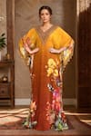 Buy_Kalista_Yellow Viscose Embroidered Floral V Neck Print Ombre Kaftan _at_Aza_Fashions