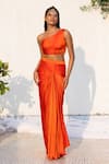 Buy_Lavina sippy_Orange Modal Plain Asymmetric Neck One Shoulder Top With Draped Skirt _at_Aza_Fashions