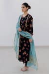 Juanita by Shubhda_Black Chanderi Printed Zari Round Neck Floral Hand Block Kurta Set _Online_at_Aza_Fashions