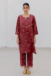 Buy_Juanita by Shubhda_Maroon Silk Hand Block Print Sequin Notched Hazel Floral Kurta With Pant _at_Aza_Fashions