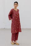 Shop_Juanita by Shubhda_Maroon Silk Hand Block Print Sequin Notched Hazel Floral Kurta With Pant _Online_at_Aza_Fashions