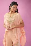 Buy_Kunwaraniritu_Peach Georgette Embroidery Zardozi Notched Short Kurta And Pant Set 