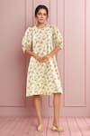 Buy_Samyukta Singhania_White Banana Lycra Print Vintage Bloom Round Neck Midi Dress _at_Aza_Fashions