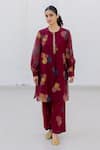 Buy_Juanita by Shubhda_Maroon Chanderi Hand Block Print Floral Collar Kurta And Pant Co-ord Set _at_Aza_Fashions