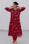 Buy_Juanita by Shubhda_Red Chanderi Hand Block Print Sequin Notched Ruby Floral Kurta With Pant _at_Aza_Fashions