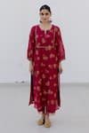 Shop_Juanita by Shubhda_Red Chanderi Hand Block Print Sequin Notched Ruby Floral Kurta With Pant _at_Aza_Fashions