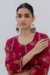 Buy_Juanita by Shubhda_Red Chanderi Hand Block Print Sequin Notched Ruby Floral Kurta With Pant _Online_at_Aza_Fashions