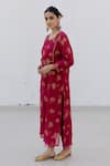 Shop_Juanita by Shubhda_Red Chanderi Hand Block Print Sequin Notched Ruby Floral Kurta With Pant _Online_at_Aza_Fashions