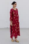 Juanita by Shubhda_Red Chanderi Hand Block Print Sequin Notched Ruby Floral Kurta With Pant _at_Aza_Fashions