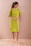 Buy_Samyukta Singhania_Green Neoprene Lycra Pleated Round Collar Embellished Neckline Dress With Inner _at_Aza_Fashions