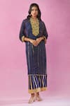 Buy_Kunwaraniritu_Blue Georgette Embroidery Floral Notched Collar Mukaish Kurta Pant Set _at_Aza_Fashions