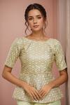 Buy_Samyukta Singhania_Beige Embroidery Round Neck Geometric Woven Peplum Blouse _at_Aza_Fashions