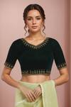 Buy_Samyukta Singhania_Green Velvet, Linen Sequins, Zari V-neck Embroidered Blouse_at_Aza_Fashions
