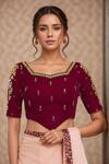 Buy Samyukta Singhania Magenta Velvet, Linen Beads, Mirrors V-neck Embroidered Blouse at Aza Fashions Buy_Samyukta Singhania_Magenta Velvet, Linen Beads, Mirrors V-neck Embroidered Blouse_at_Aza_Fashions
