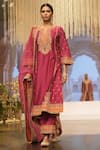 Sheetal Batra_Pink Silk Chanderi Embroidery Kirandori Split V Neck Aamish Kurta Palazzo Set _Online_at_Aza_Fashions