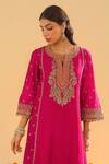 Shop_Sheetal Batra_Pink Silk Chanderi Embroidery Kirandori Split V Neck Aamish Kurta Palazzo Set 