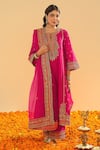 Buy_Sheetal Batra_Pink Silk Chanderi Embroidery Kirandori Split V Neck Aamish Kurta Palazzo Set _Online