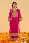 Buy_Sheetal Batra_Pink Silk Chanderi Embroidery Kirandori Split V Neck Aamish Kurta With Palazzo _Online_at_Aza_Fashions