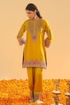 Buy_Sheetal Batra_Yellow Kurta Silk Chanderi Embroidery Kirandori Closed Neck Mirha With Salwar _at_Aza_Fashions