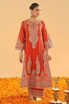 Buy_Sheetal Batra_Orange Silk Chanderi Embroidery Kirandori Notch Misam Kurta With Palazzo _at_Aza_Fashions