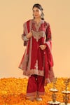 Sheetal Batra_Red Kurta Silk Chanderi Embroidery Kirandori Notch Shahzain Chauga Set _Online_at_Aza_Fashions