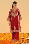 Shop_Sheetal Batra_Red Kurta Silk Chanderi Embroidery Kirandori Notch Shahzain Chauga Set _Online_at_Aza_Fashions