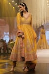 Sheetal Batra_Yellow Anarkali Chanderi Embroidery Kashmiri Tilla V Neck Shazia Set _Online_at_Aza_Fashions