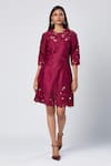 Buy_Madder Much_Wine Outer Blend Of Viscose And Art Silk Embroidered Cassie Floral Cutrwork Dress _at_Aza_Fashions