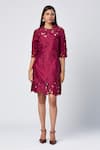 Madder Much_Wine Outer Blend Of Viscose And Art Silk Embroidered Cassie Floral Cutrwork Dress _Online_at_Aza_Fashions