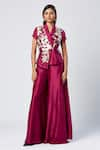 Buy_Madder Much_Purple Outer 80% Cotton Embroidered Dahlia Asymmetric Vest With Flared Pant _at_Aza_Fashions