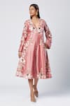 Buy_Madder Much_Pink Outer 80% Cotton Embroidered Silk Thread V-neck Nash Button Down Dress _Online_at_Aza_Fashions