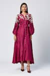 Buy_Madder Much_Purple Outer 80% Cotton Embroidered Silk Thread Natalie Floral Dress With Belt _at_Aza_Fashions