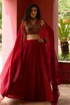 Buy_Medha_Red Lehenga And Dupatta Textured Chiffon Embroidery Bead V Neck Set _at_Aza_Fashions