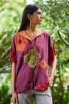 Buy_Medha_Wine Pure Silk Embroidery Thread Collar Patchwork Placement Kaftan Shirt _at_Aza_Fashions