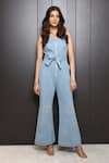 Nassh_Blue Denim Embellished Sequin V-neck Jumpsuit _Online_at_Aza_Fashions