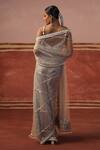 Shop_Sabe_Grey Net Embroidery Mirror Notched Border Saree With Blouse _at_Aza_Fashions