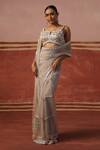 Sabe_Grey Net Embroidery Mirror Notched Border Saree With Blouse _Online_at_Aza_Fashions