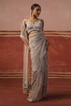 Buy_Sabe_Grey Net Embroidery Mirror Notched Border Saree With Blouse _Online_at_Aza_Fashions