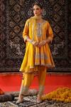 Buy_Sabe_Yellow Silk Embroidery Gota Patti Notched Mirror Peplum Kurta Set _at_Aza_Fashions