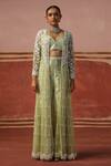 Sabe_Green Brocade Embellished Thread Jacket Open Work Sharara Set _Online_at_Aza_Fashions