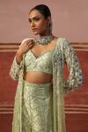 Sabe_Green Brocade Embellished Thread Jacket Open Work Sharara Set _at_Aza_Fashions