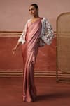 Buy_Sabe_Pink Satin Embroidery Thread Blouse Sweetheart Pre-draped Saree Set With Cape _at_Aza_Fashions