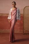 Sabe_Pink Satin Embroidery Thread Blouse Sweetheart Pre-draped Saree Set With Cape _Online_at_Aza_Fashions