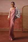 Buy_Sabe_Pink Satin Embroidery Thread Blouse Sweetheart Pre-draped Saree Set With Cape _Online_at_Aza_Fashions