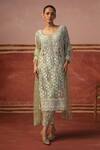 Sabe_Green Brocade Embroidery Pearl Round Kurta Pant Set _Online_at_Aza_Fashions