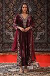 Buy_Sabe_Wine Velvet Embroidery Zardozi V Neck Long Kurta Set _at_Aza_Fashions