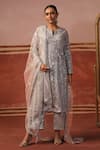 Buy_Sabe_Grey Net Embroidery Sequin Notched Zari Jaal Kurta Pant Set _at_Aza_Fashions