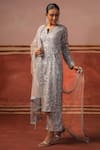 Buy_Sabe_Grey Net Embroidery Sequin Notched Zari Jaal Kurta Pant Set _Online_at_Aza_Fashions